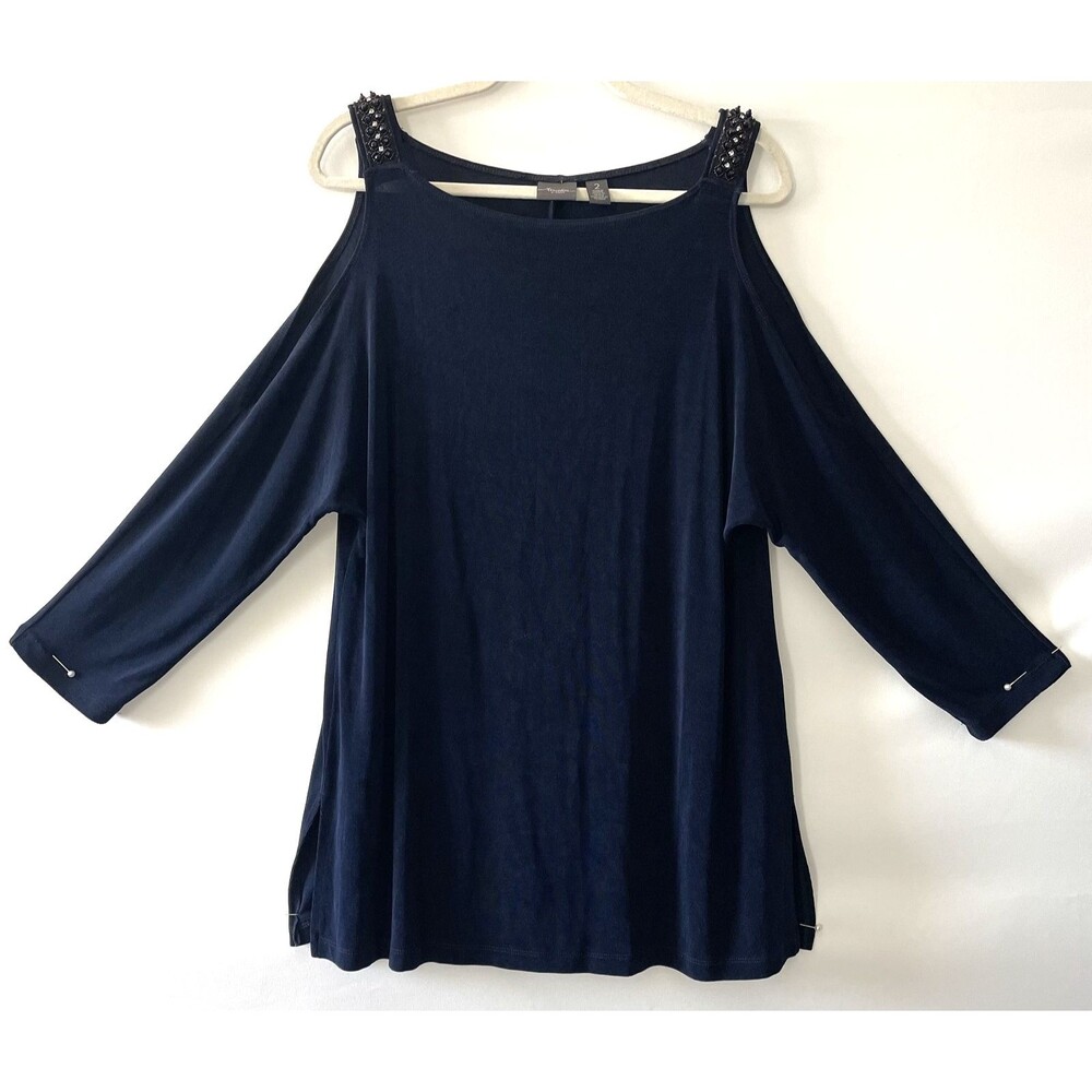 Travelers by Chico's Cold Shoulder Tunic Navy Beaded Women Size 2, L